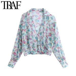 Women Fashion Semi-sheer Floral Print Cropped Blouses Vintage Long Sleeve Elastic Hem Female Shirts Chic Tops 210507