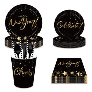 Einweggeschirr Gold Schwarz Happy Year Partyzubehör Tischdecke Pappteller Tasse Stroh Banner Ballon Dekoration Set Babyparty