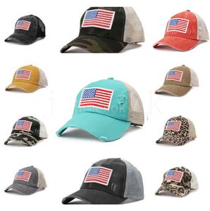 11 color Washed Independence Day American flag Ponytail Hat Bun Summer Sun Visor Outdoor Embroidery baseball cap Party Supplies DB962