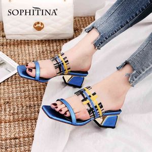 Sophitina kvinnors sandaler speciella metall färgglada klackar kvadratiska tå mode våren sommar sandaler kvinnliga kvinnors skor PO650 210513