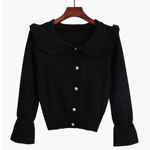 Women White Black Red Pink Peter Pan Collar Sweater Knitted Long Sleeve Button Short Cardigans Sweet Spring M0393 210514