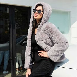 Fashion High Quality Furry Faux Fur Coats and Women with Hooded Winter Elegant Thick Warm Outerwear Fake Fur Jacket 211122