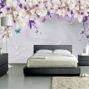 Bakgrunder Anpassad PO för väggar 3D väggväggmålningar Vitt lila blommor papper vardagsrum sovrum tv -bakgrund