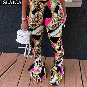 Slank kvinna byxor kedja print leopard patchwork casual leggings hög midja mode flare party club streetwear pantalones 210515