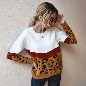 Moda Lampart Patchwork Kobiety Sweter Casual Loose Długi Rękaw Streetwear Swetry Plus Size W625 210526