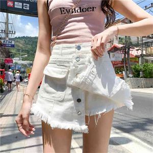 Plus Size White Denim Shorts Röcke Frauen Lose 5XL Hohe Taille Einreiher Jeans Weibliche A-Line Wide Leg Short 210719