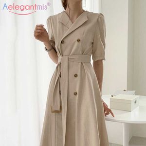 Aelegantmis Office Ladies Belt Blazer Dress Women Autumn Elegant Slim Short Sleeve Long es Black White Solid 210607