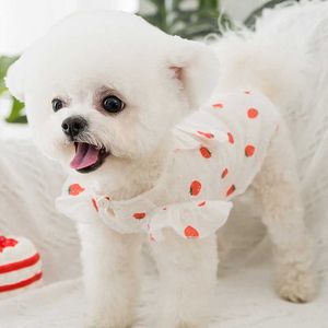 Verão Lazer Sala de Cute Morango Padrões Cachorrinho Cachorro Cão Princesa Vestido Fino Respirável Roupas de Pet com laço
