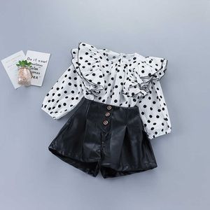 2-7 years high quality girl clothing set autumn fashion polka dot solid shirt + leather pant kid children 210615