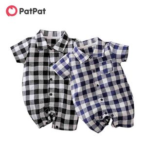 Spring Autumn Baby Romper Cotton Casual Classic Plaid Collar One Pieces Jumpsuit Clothing Two Colors Sale 0-12M 210528