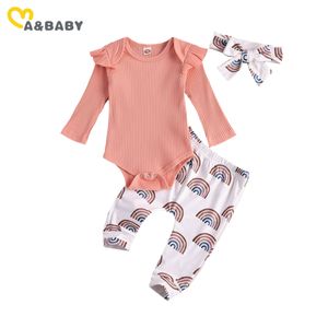 0-18M Spring Autumn born Infant Baby Girl Clothes Set Knitted Long Sleeve Romper Rainbow Pants Outfits 210515