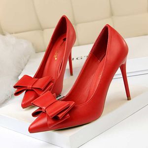 cute bow women high heels pumps Ladies shoes sexy pointed toe 10cm thin heels 7 colors wedding shoes woman plus size 34-43 Y0611