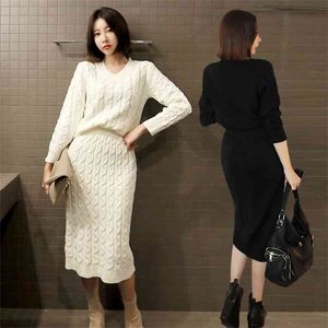 Autumn knitting dress skirt coarse needle thick line hair fashionable OL package hip leisure two-piece outfit 210602