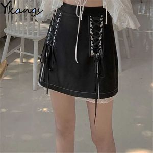 Black Stitching Lace-up Gótico Saia Mulheres Algodão Alto-Cintura Mini Saia Verão Streetwear Feminino Sexy Split Fork Fork Skirt 210619