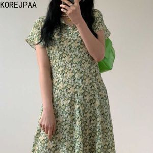 Korejpaa Women Dress Korea Chic Summer Floral Lapel Buckled Body Waist Short-sleeved Open Fork Long Vestido 210526