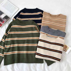 Vintage Stripe Stripe Solta Oversize Estilo Coreano Pulôver Top Out Outono Inverno de Manga Longa Camisola Femme 210914