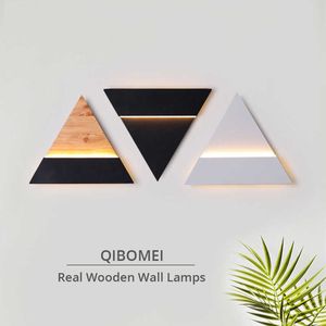 QIBOMEI LED Wall Lamps Real Wooden Indoor Lights For Bedroom Corridor Stairs Bedside Study Room Attic Balcony Fixtures Lighting 210724