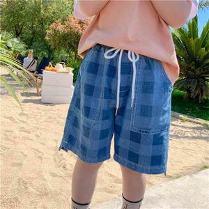 Korean style boys fashion plaid loose denim knee length pants 2-7 years kids casual all-match jeans 210708