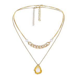Moda di vendita calda Acciaio inossidabile di alta qualità Doppio strato Conchiglia d'oro Collana con pendente di perle Splicing Collana in oro squisito