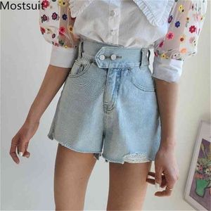 Sommar ljusblå två knappar Fringed High Waist Kvinnor Denim Shorts Koreansk Fashion Casual Kvinna A-Line Loose Femme 210513