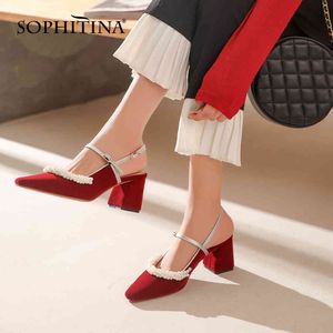 Sophitina damska Maryja Jane Sandały Sweet Closed Toe Biały Pearl Pasek Kwadratowy Chunky Wysokie Heeled Ladies Slingbacks Buty PO577 210513