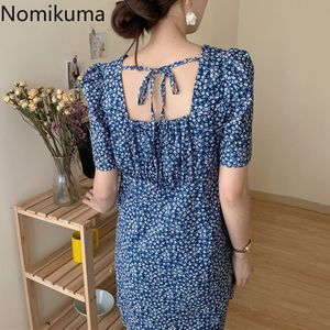 Nomikuma Mini abito a vita alta Donna Backless Lace Up Colletto quadrato Manica corta Abiti stampati floreali Abito stile coreano Femme 210514