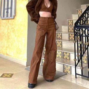 Marrone Applique Y2k Baggy Mom Jeans Donna Estetica Vintage Denim Dritto Pantaloni a gamba larga Pantaloni a vita bassa Streetwear 210510