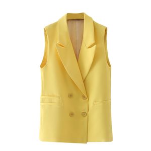 Le donne semplicemente senza maniche gilet doppiopetto giacca da ufficio da donna indossano abiti casual gilet tasche gialle capispalla top 210430