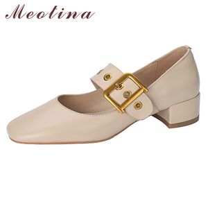 Meotina Real Leather Mary Janes Buty Mid Heel Eleganckie Pompy Kobiety Krowa Skórzana Klamra Okrągłe Toe Sukienka Buty Kobiet Obuwie 40 210520