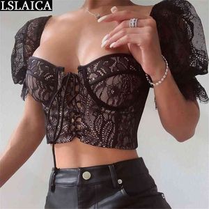 sexy lace women blouses black see through square collar casual tops puff sleeve fashion bandage streetwear 210515