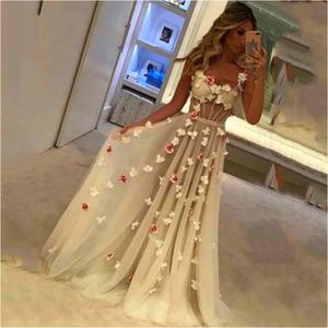 Chic 3d flores longas vestidos de baile espaguete tulle mulheres vestidos de noite abertos de volta princesa vestido formal 2021