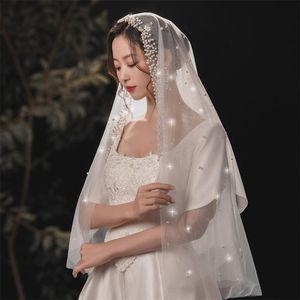 Welony ślubne 2021 Elegancka Pearl Welon średnia Mid Długi Super Bajkowy Knot Na Bride Headpiece Modeling Akcesoria Biały