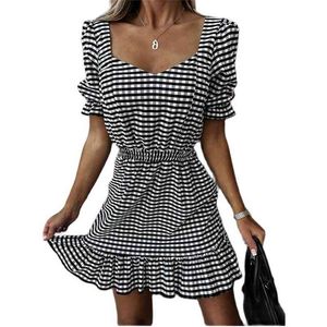 Retro collare quadrato plaid in vita che dimagrisce vestito casual estate moda donna abbigliamento 210520