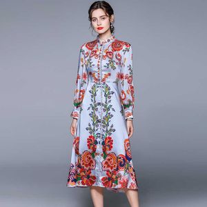 Women Summer Designer Elegant Floral Print Shirt Dress Sexy Slim Cocktail Party Robe Ladies Vintage Long Sleeve Dresses Vestidos 210525