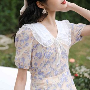 Sommar elegant klänning kvinnor docka krage blommig kortärmad Mixi Feme Robe 210514