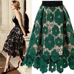 Bra kvalitet sommar hög elastisk midja spets kjol kvinnor vintage blommig hakan ihålig ut boll klänning a-line mittkalv 210619