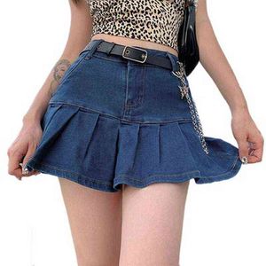 Denim Mini Faltenrock Damen Sommer Sexy Spice Girls Rüsche Hohe Taille Slim Elastic Denim Rock Casual Rock 211115