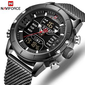 Men Watch NAVIFORCE Fashion Sports Quartz Watches Stainless Steel Strap Waterproof Dual Display Wristwatch Casual Male Clock 210517