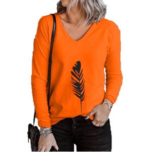 Haut Femme Hiver Lady T-shirt casual a maniche lunghe Y2k T-shirt con stampa di piume tinta unita in poliestere sciolto Taglie forti Abbigliamento donna 210604