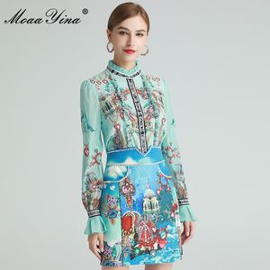 مصمم الأزياء مجموعة ربيع المرأة طويلة الأكمام البلوزات قمم + كريستال مطرز تنورة الأزهار طباعة قطعتين مجموعة 210524