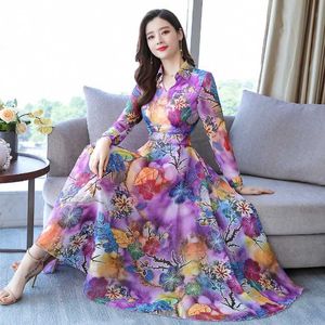 autumn fashion Elegant Women Chiffon print Maxi Dresses Vintage Dress Vestidos 210531