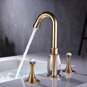 Bathroom Sink Faucets Basin Brass Polished Gold Deck Mounted Square 3 Hole Double Handle And Cold Water Tap 855834