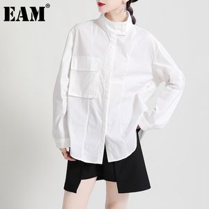 [Eam] mulheres bolso branco casual tamanho grande blusa lapela manga longa loose apto fashion primavera outono 1d7015 21512