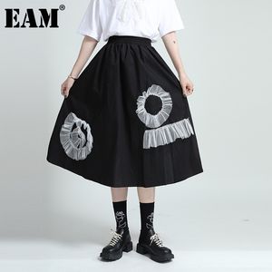 [EAM] Svart Casual Spliced ​​Pleated Mash Hög Elastisk Midja Midi Half-Body Skirt Kvinnor Mode Vår Sommar 1DD8604 210512