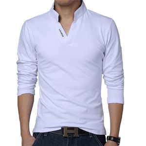 T-shirt Erkekler Bahar Pamuk T Gömlek Katı Renk Tshirt Mandarin Yaka Uzun Kollu Üst Marka Slim Fit Tee Gömlek 5XL 210629