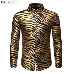 Homens 70s Metálico Gold Zebra Imprimir Discoteca Camisa Marca Slim Fit Manga Longa Mens Vestido Camisas Festa Fase Fase Chemise 210721