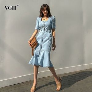 Denim Korean Solid Dress For Women Square Collar Short Sleeve High Waist Patchwork Ruffle Midi Dresses Female Fashion 210531