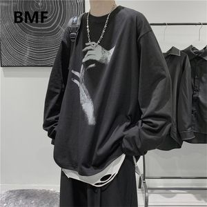 Queda de manga longa t-shirt moda solta ulzzang imprimir tops hip hop enorme camiseta homens vestuário homens coreano estilo roupas 220312