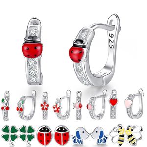 Weihnachten 925 Sterling Silber Emaille Kleeblatt Marienkäfer Biene Ohrstecker für Frauen Mädchen Kinder Kinder Modeschmuck Bijoux Geschenk