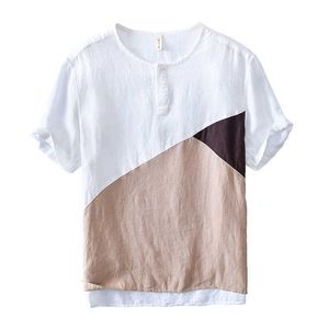 Retro T Shirt Patchwork Krótki rękaw Mężczyźni Tshirt Moda Casual O-Neck 100% Pure Linen Topy Splice Tees Lato 210601